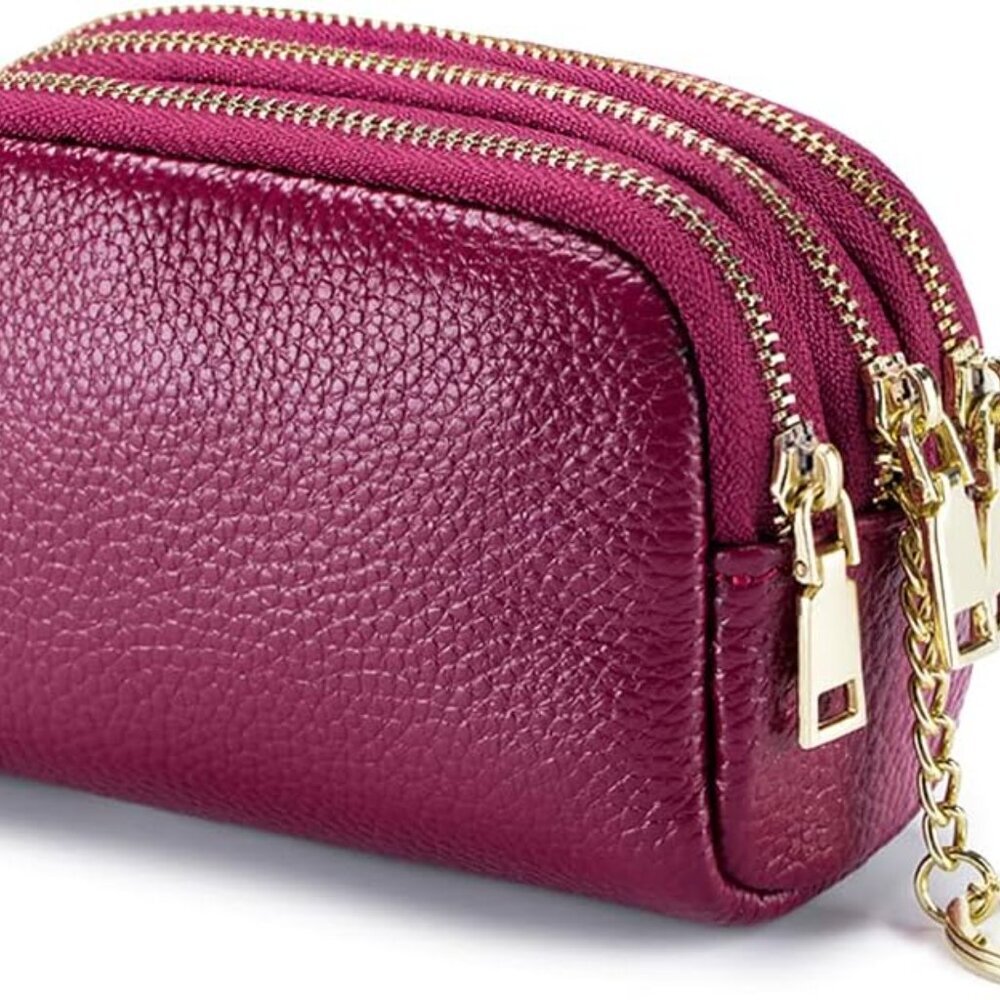 3 Zippered Genuine Leather Coin Purse Triple Capacity Change Pouch Little Travel